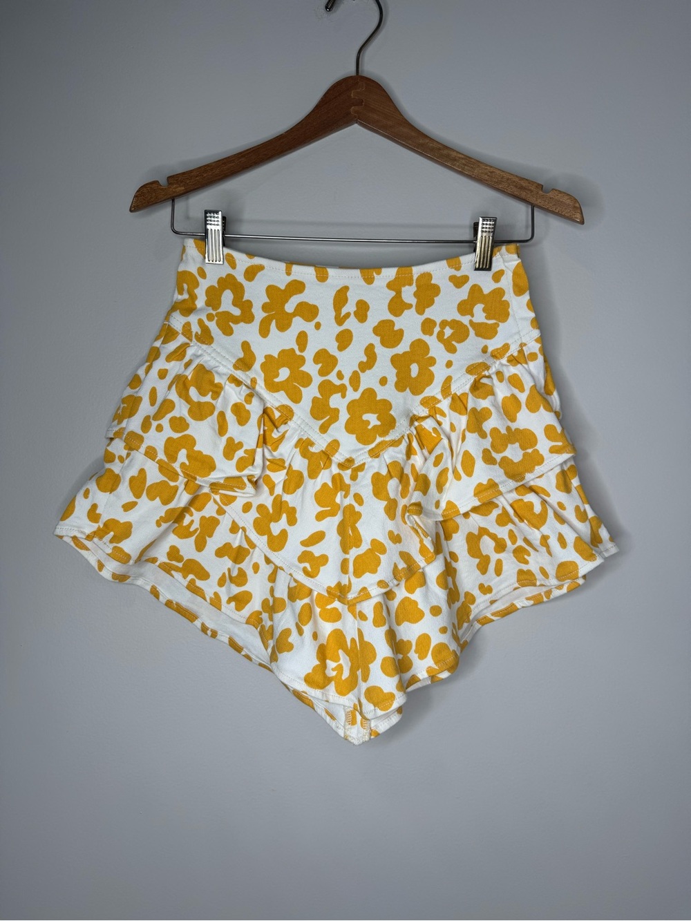 MOTHER The Ruffle Denim Mini Skirt Floral Leopard White Yellow Western Size 26